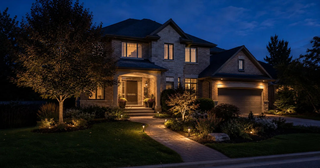 Curved residential walkway with staggered warm path lights and natural garden landscaping at dusk.