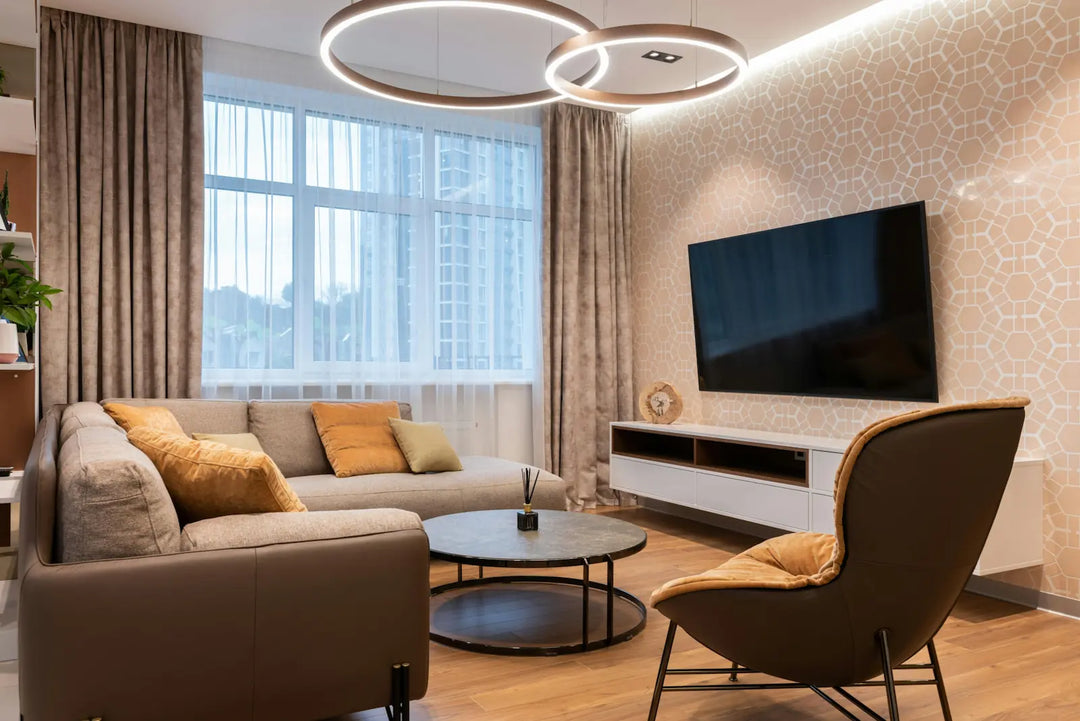 Contemporary Canadian living room featuring LED ring ceiling lights for stylish, energy-efficient home lighting.