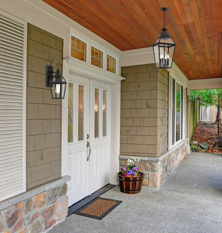 Jackson Four Light Outdoor Pendant in Black with Gold Highlights Savoy House