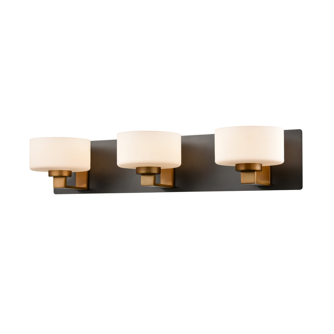 Princeton Three Light Vanity in Brass And Graphite With Half Opal Glass - available from The Lighting Shoppe, trusted by Canadian homeowners