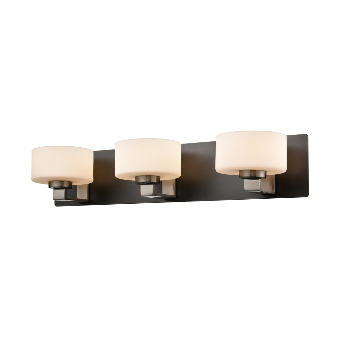 Princeton Three Light Vanity in Satin Nickel And Graphite With Half Opal Glass - available from The Lighting Shoppe, trusted by Canadian homeowners