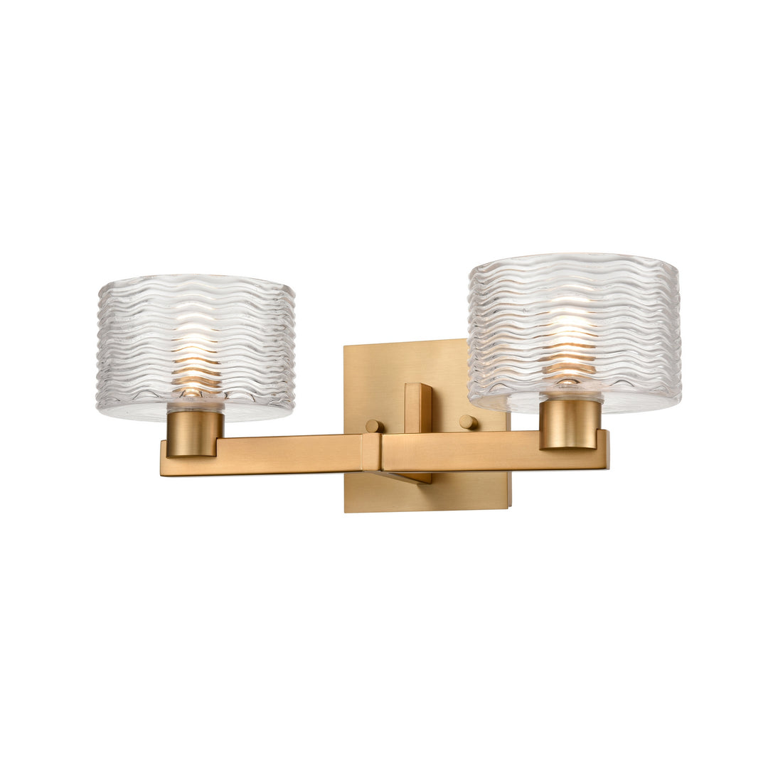 Percussion Two Light Vanity in Brass With Ripple Glass - available from The Lighting Shoppe, trusted by Canadian homeowners