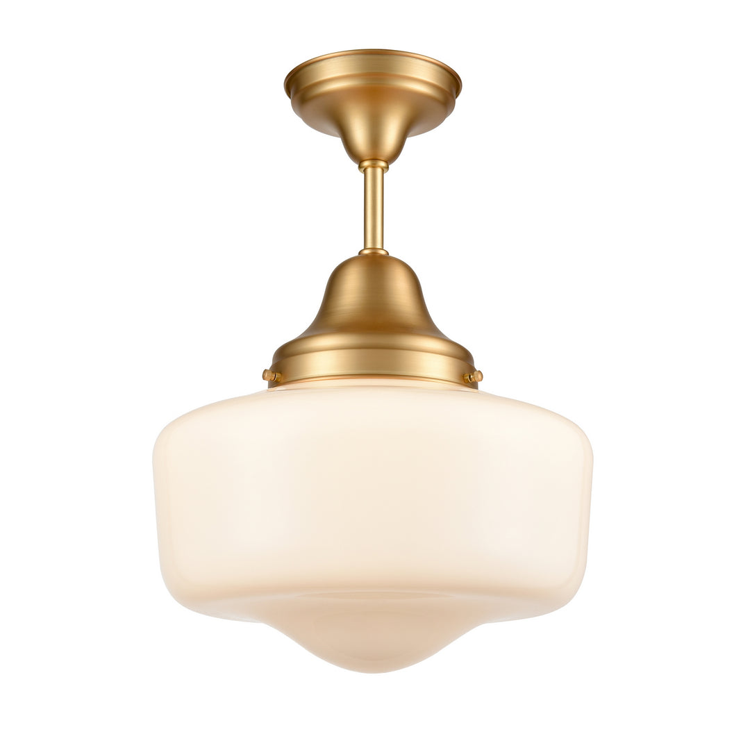 Schoolhouse One Light Semi-Flush Mount in Venetian Brass w/True Opal Glass - available from The Lighting Shoppe, trusted by Canadian homeowners