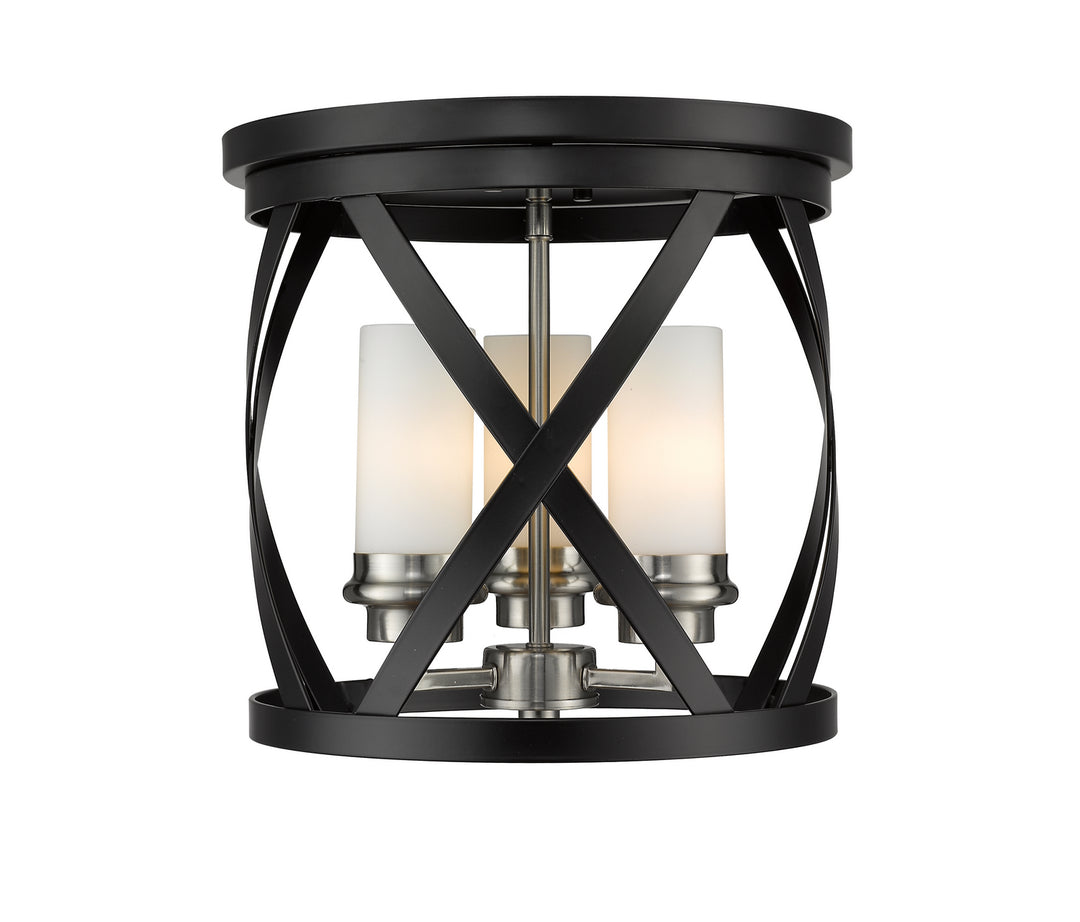 Malcalester Three Light Flush Mount in Matte Black + Brushed Nickel - available from The Lighting Shoppe, trusted by Canadian homeowners