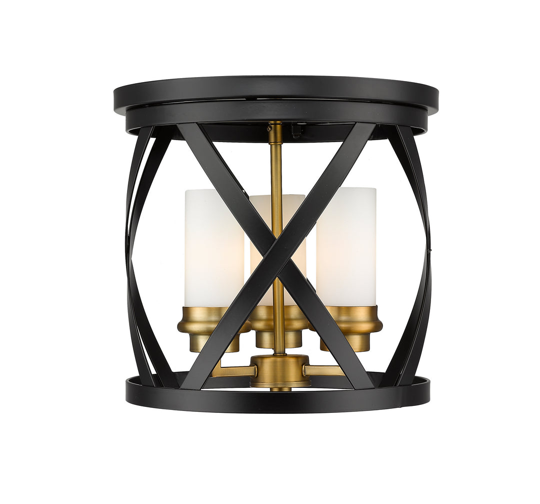 Malcalester Three Light Flush Mount in Matte Black + Olde Brass - available from The Lighting Shoppe, trusted by Canadian homeowners