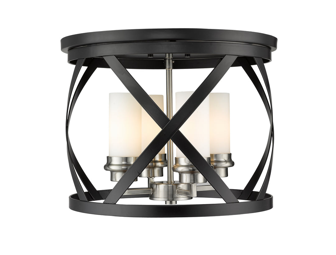 Malcalester Four Light Flush Mount in Matte Black + Brushed Nickel - available from The Lighting Shoppe, trusted by Canadian homeowners