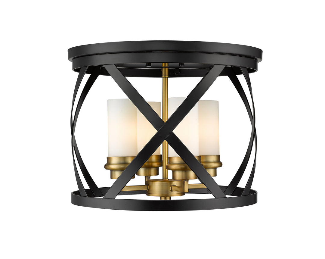 Malcalester Four Light Flush Mount in Matte Black + Olde Brass - available from The Lighting Shoppe, trusted by Canadian homeowners