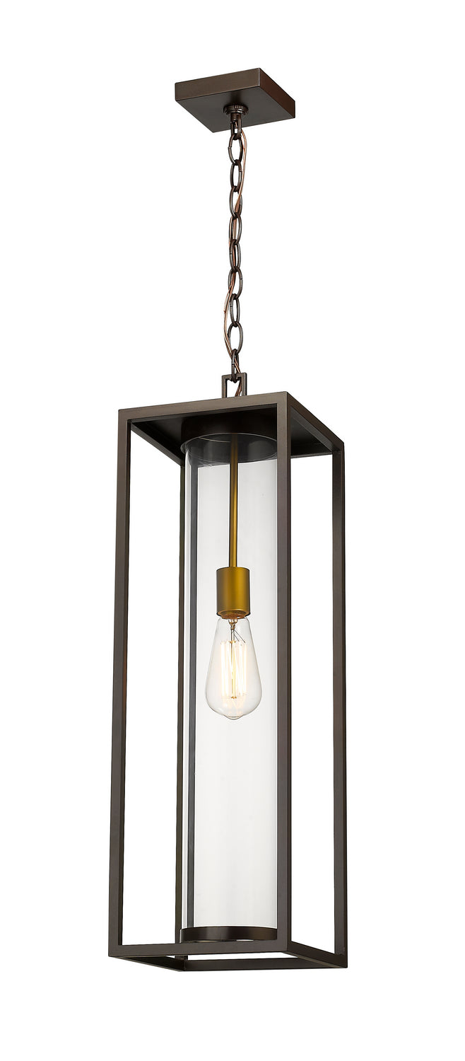 Dunbroch One Light Outdoor Chain Mount Ceiling Fixture in Deep Bronze + Outdoor Brass - available from The Lighting Shoppe, trusted by Canadian homeowners