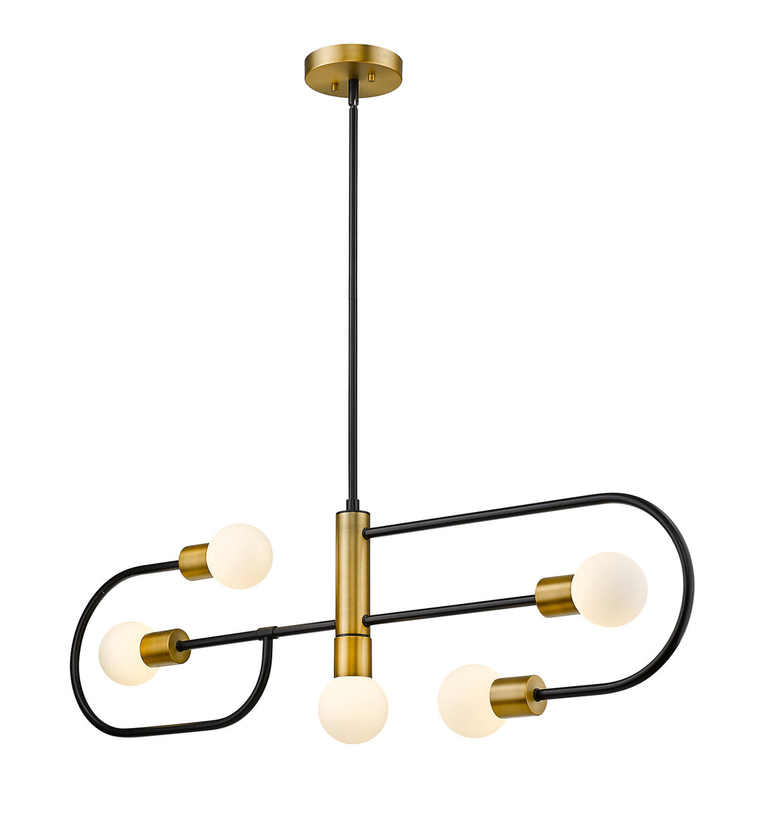 Neutra Five Light Linear Chandelier in Matte Black + Foundry Brass - available from The Lighting Shoppe, trusted by Canadian homeowners
