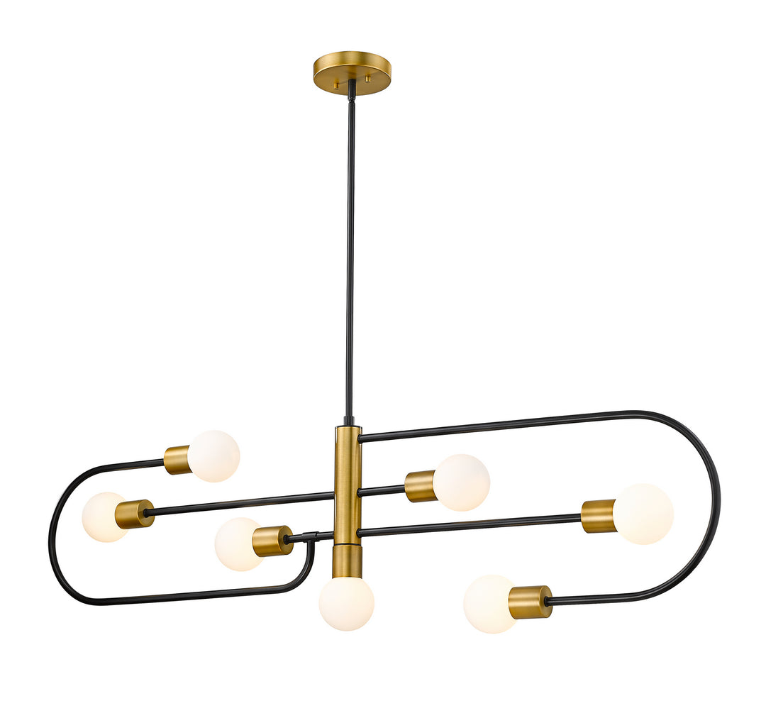 Neutra Seven Light Linear Chandelier in Matte Black + Foundry Brass - available from The Lighting Shoppe, trusted by Canadian homeowners