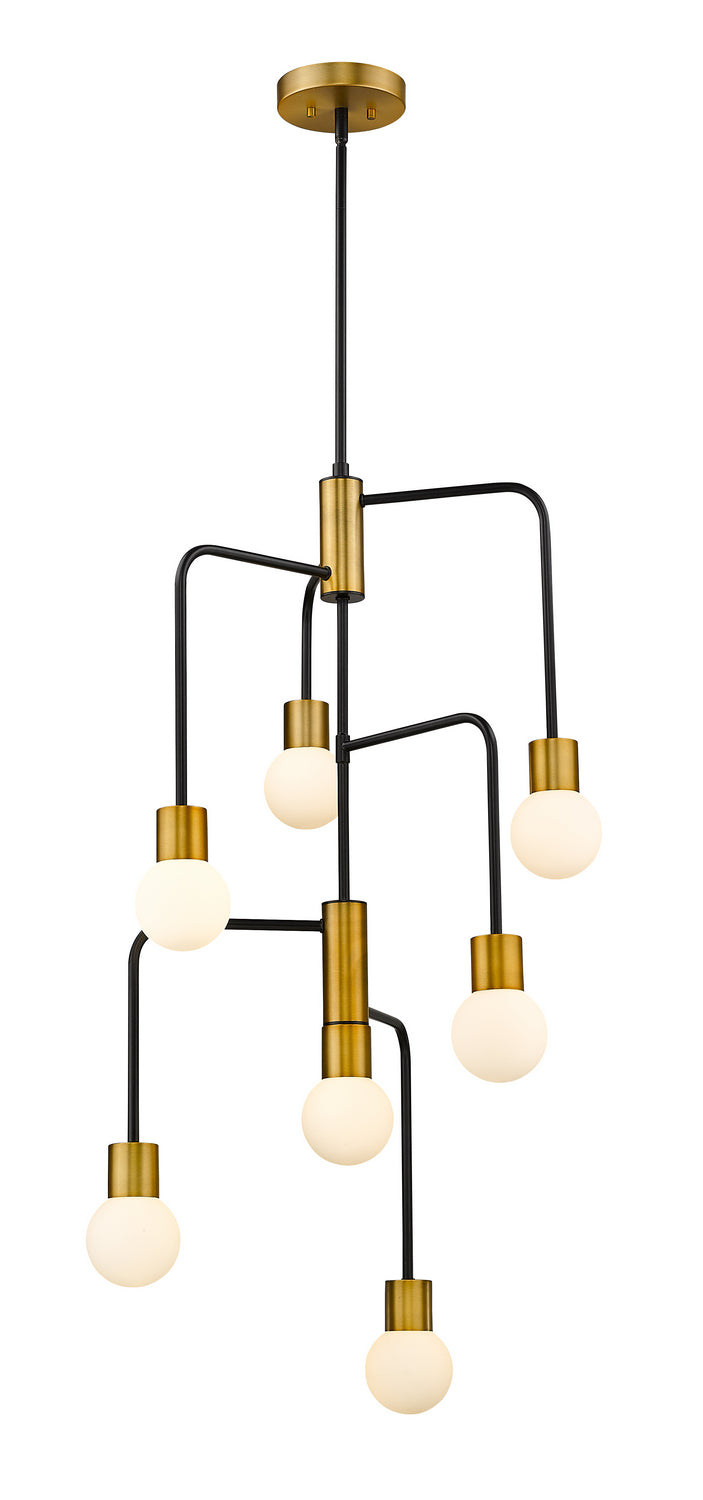 Neutra Seven Light Chandelier in Matte Black + Foundry Brass - available from The Lighting Shoppe, trusted by Canadian homeowners