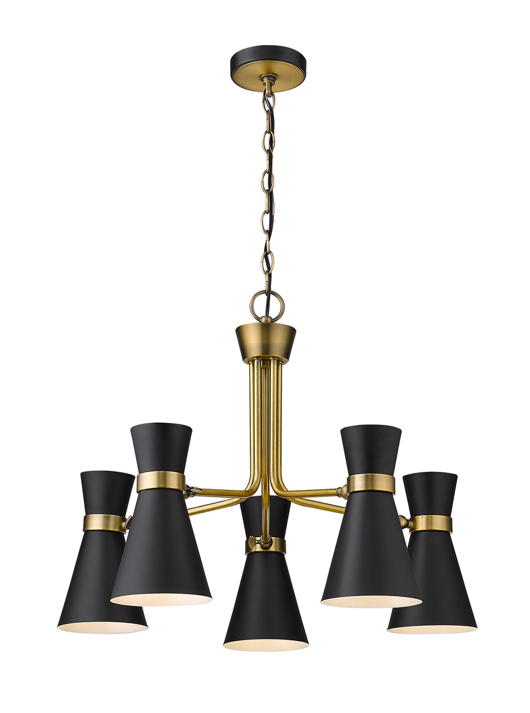 Soriano Five Light Chandelier in Matte Black + Heritage Brass - available from The Lighting Shoppe, trusted by Canadian homeowners