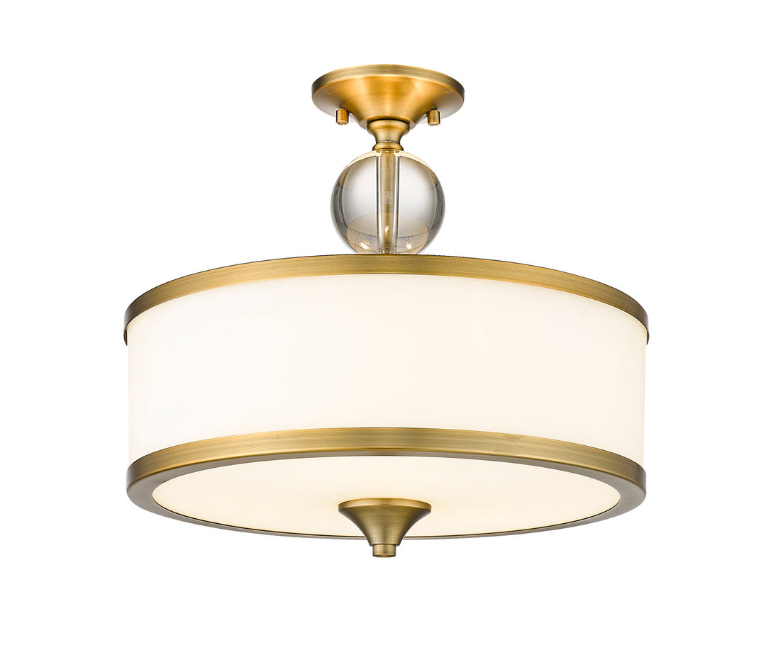 Cosmopolitan Three Light Semi Flush Mount in Heritage Brass - available from The Lighting Shoppe, trusted by Canadian homeowners