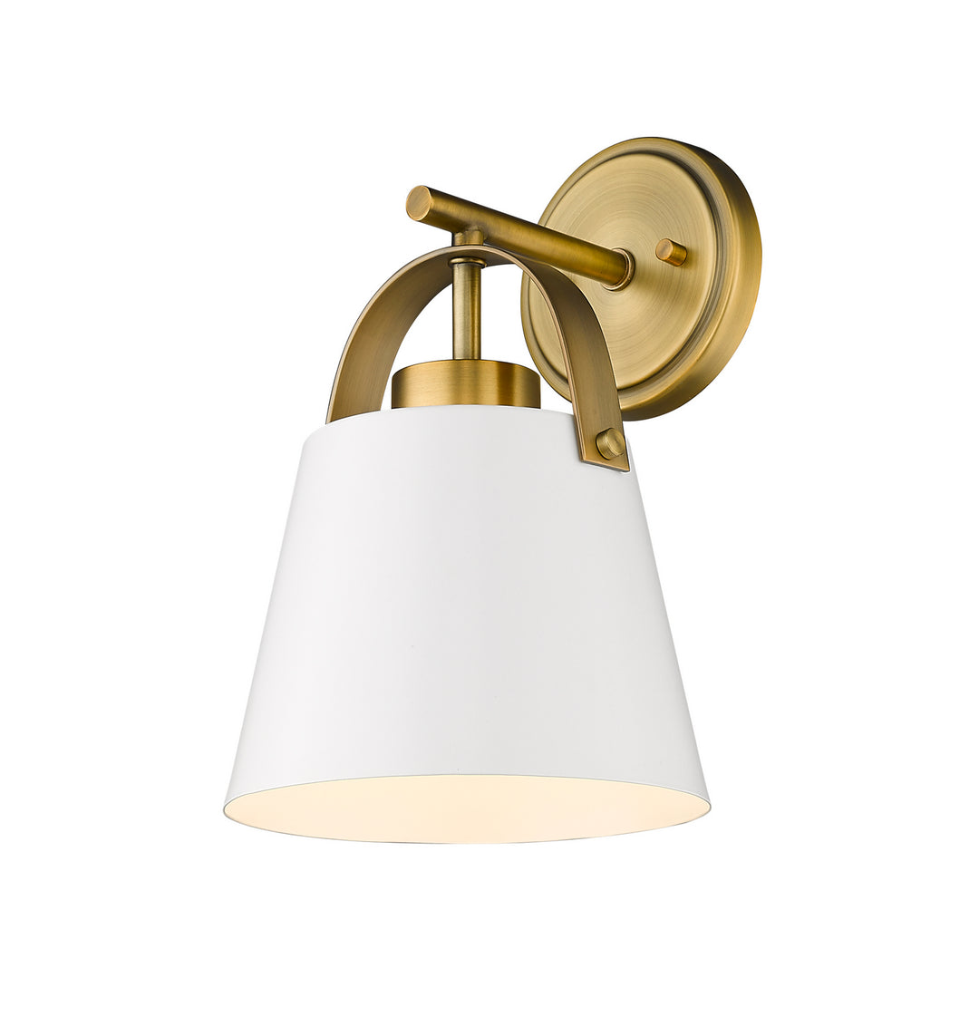 Z-Studio One Light Wall Sconce in Matte White + Heritage Brass - available from The Lighting Shoppe, trusted by Canadian homeowners