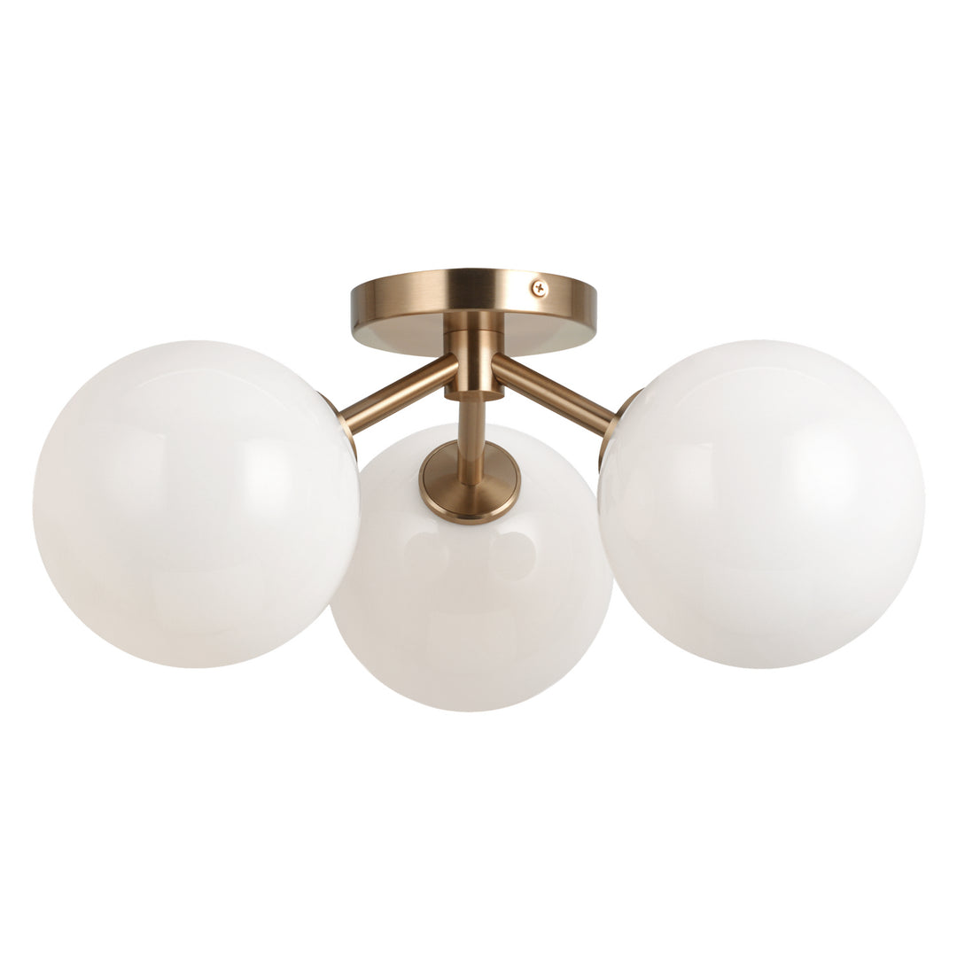 Novo Three Light Flush Mount in Aged Gold Brass - available from The Lighting Shoppe, trusted by Canadian homeowners