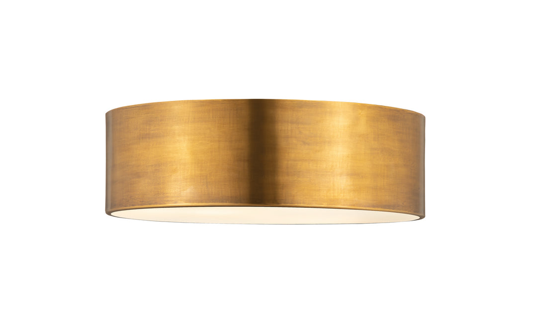 Harley Three Light Flush Mount in Rubbed Brass - available from The Lighting Shoppe, trusted by Canadian homeowners