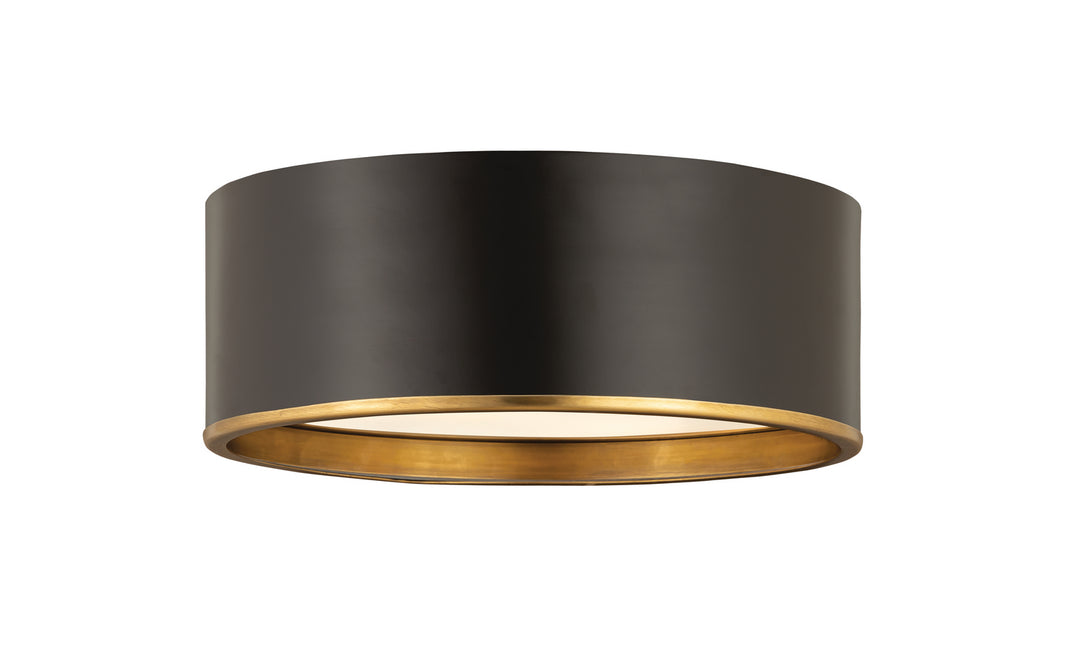 Arlo Three Light Flush Mount in Matte Black + Rubbed Brass - available from The Lighting Shoppe, trusted by Canadian homeowners