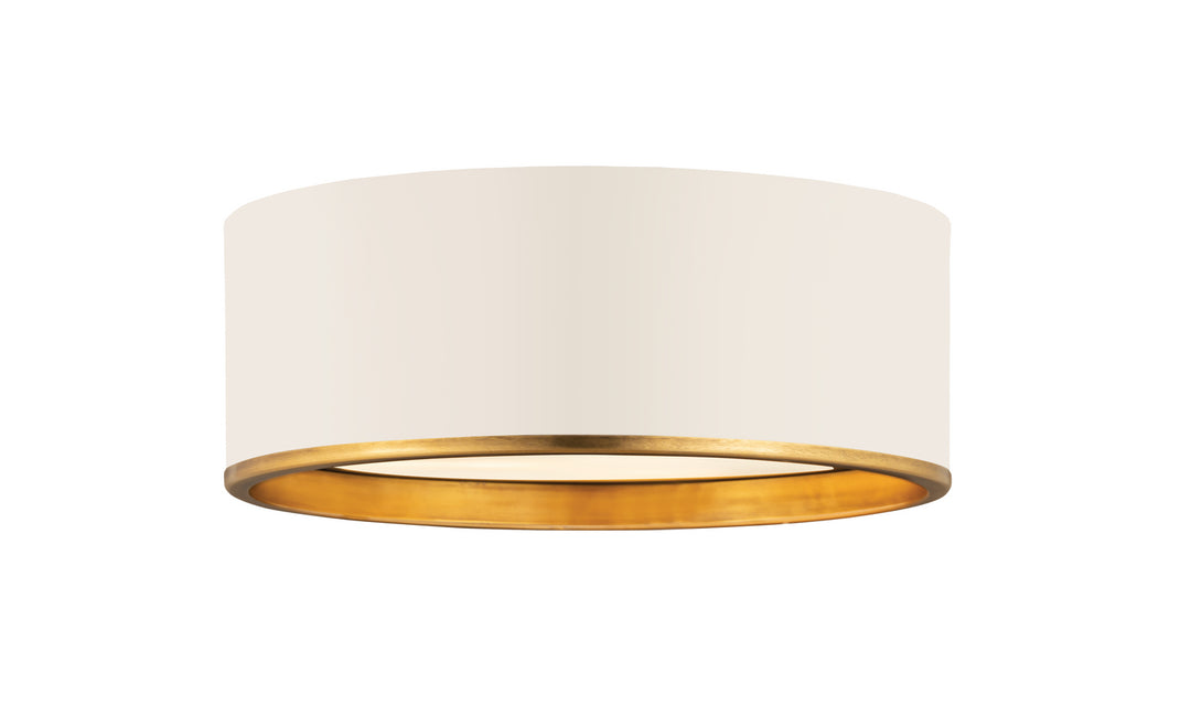 Arlo Three Light Flush Mount in Matte White + Rubbed Brass - available from The Lighting Shoppe, trusted by Canadian homeowners
