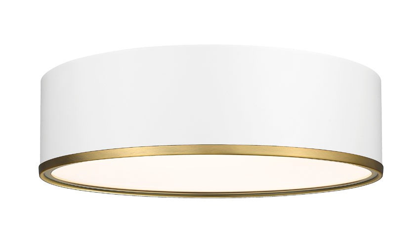 Arlo Four Light Flush Mount in Matte White + Rubbed Brass - available from The Lighting Shoppe, trusted by Canadian homeowners