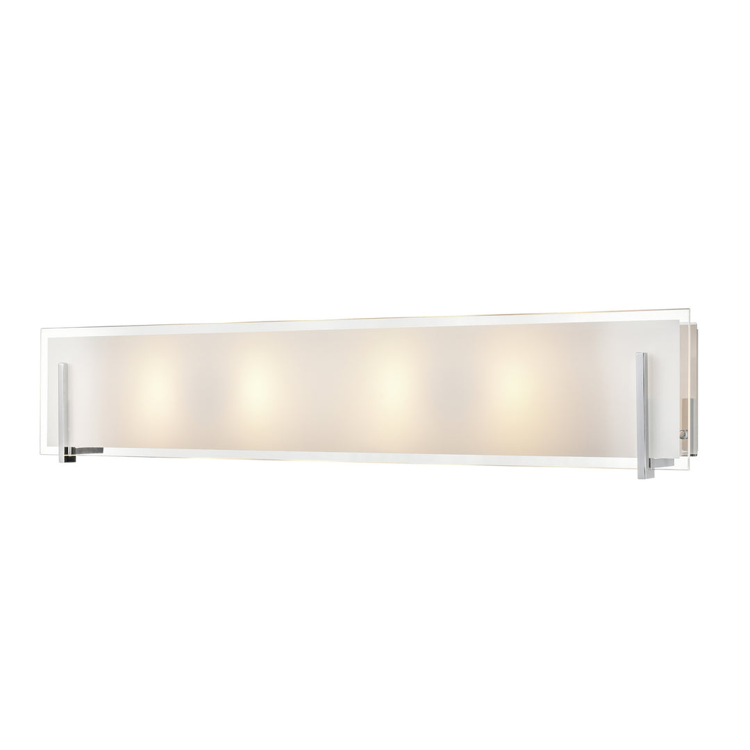 Geneva Four Light Vanity in Chrome w/Silk Screened Opal Glass - available from The Lighting Shoppe, trusted by Canadian homeowners