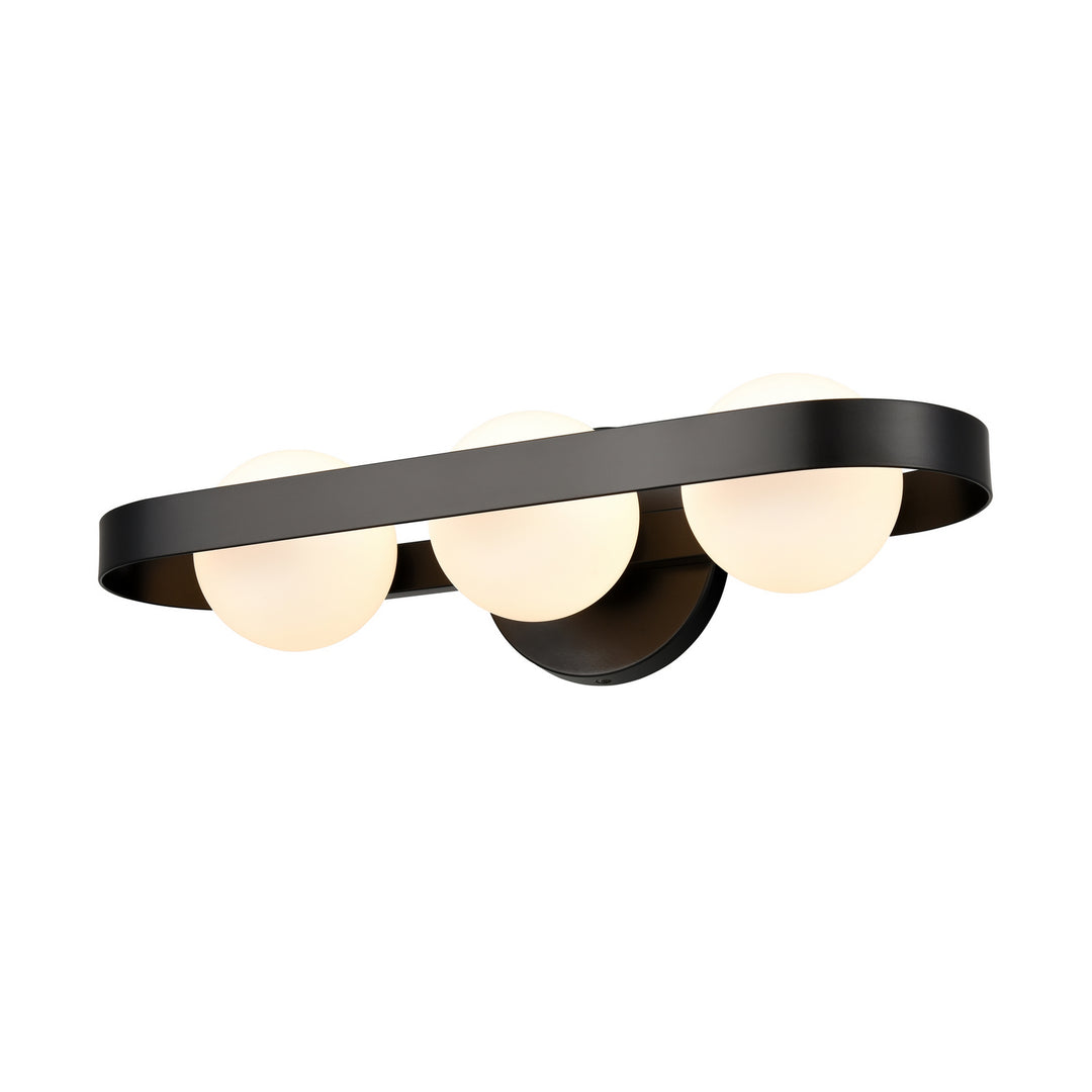 Atwood Three Light Vanity in Ebony w/Half Opal Glass - available from The Lighting Shoppe, trusted by Canadian homeowners