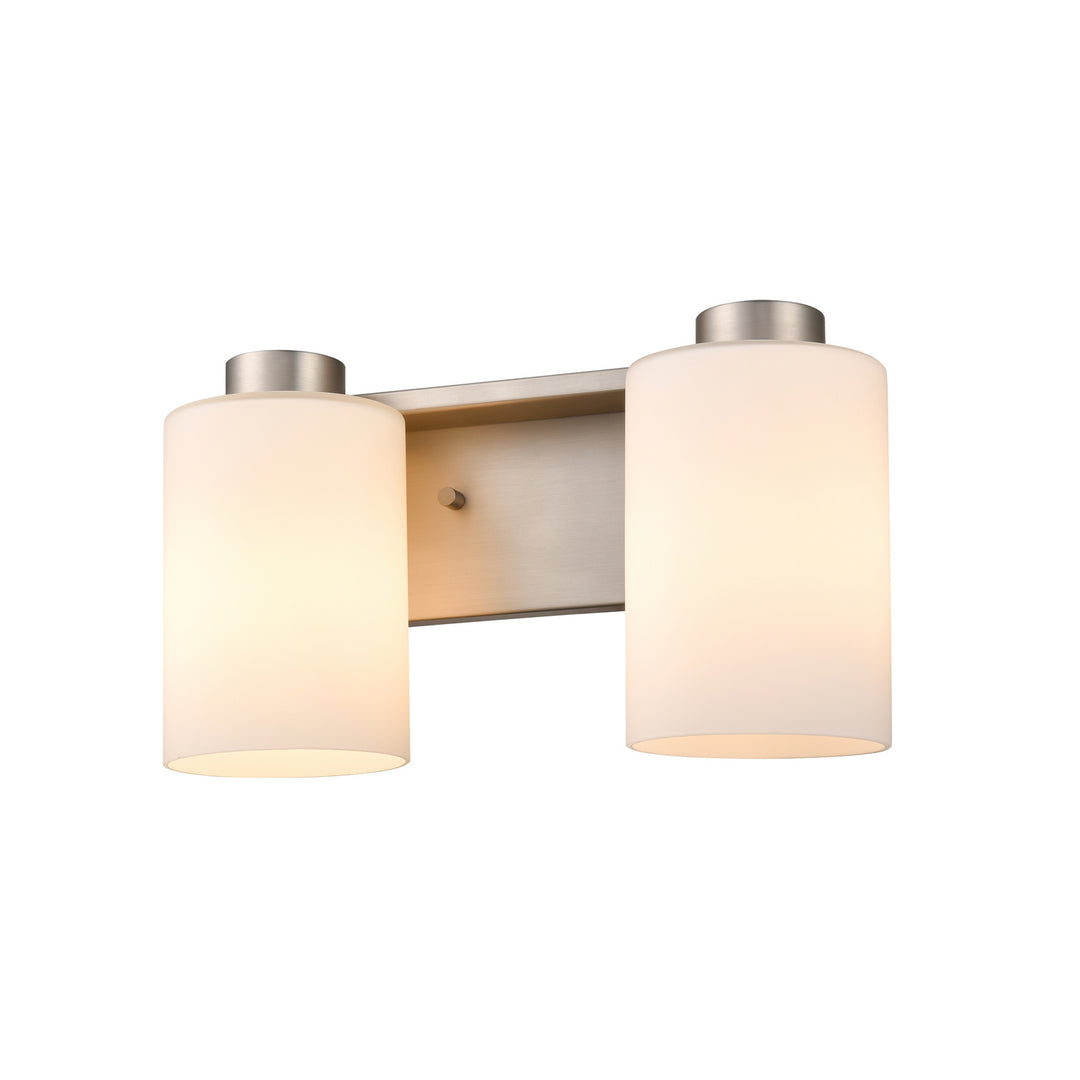 Manitou Two Light Vanity in Buffed Nickel With Half Opal Glass - available from The Lighting Shoppe, trusted by Canadian homeowners