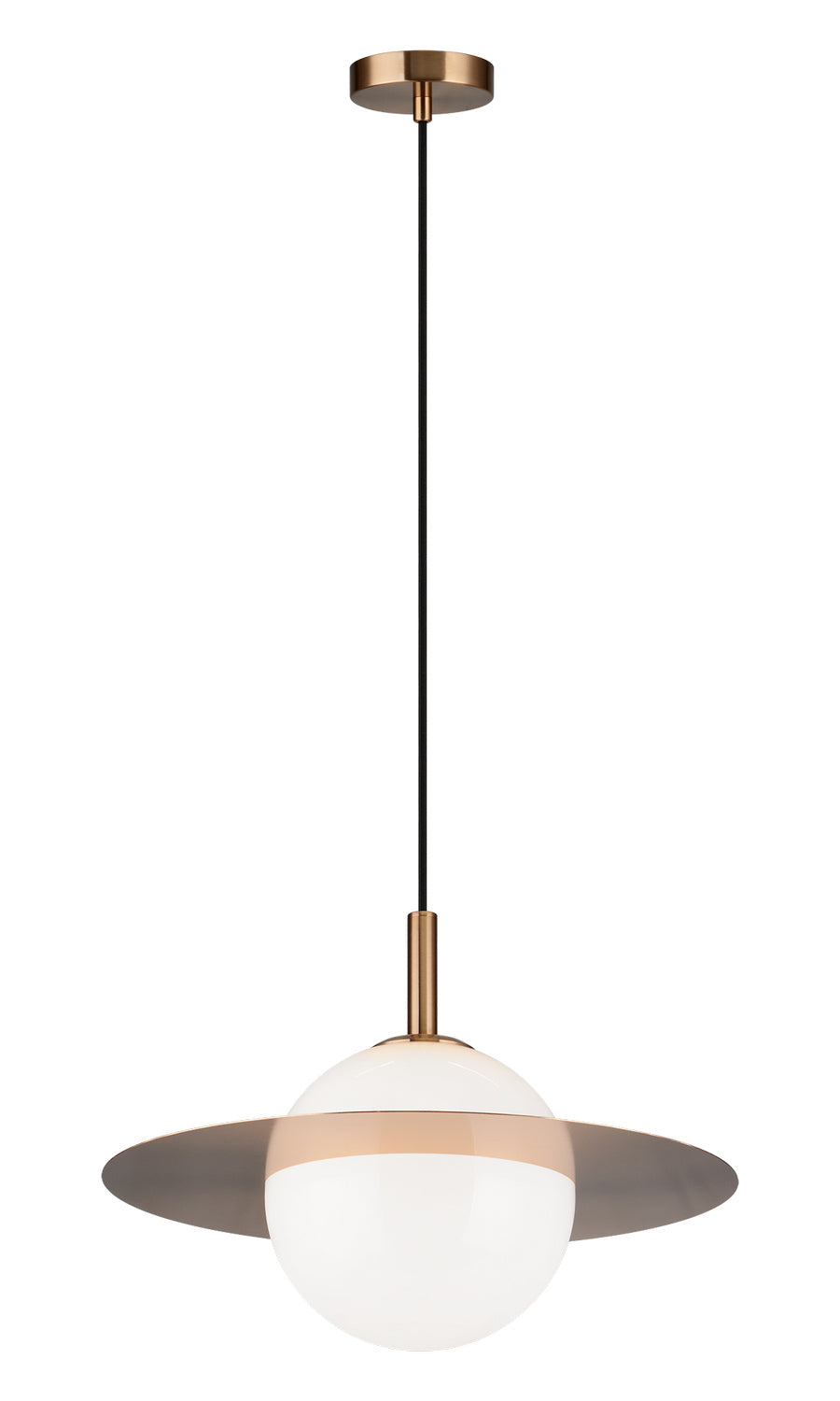 Saturn One Light Pendant in Aged Gold Brass + Opal Glass - available from The Lighting Shoppe, trusted by Canadian homeowners