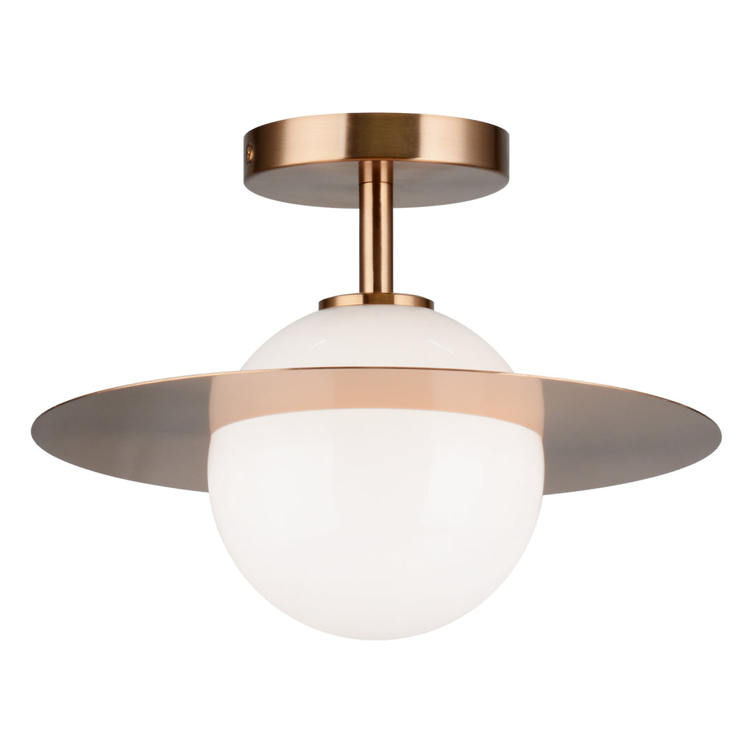 Saturn One Light Flush Mount in Aged Gold Brass + Opal Glass - available from The Lighting Shoppe, trusted by Canadian homeowners
