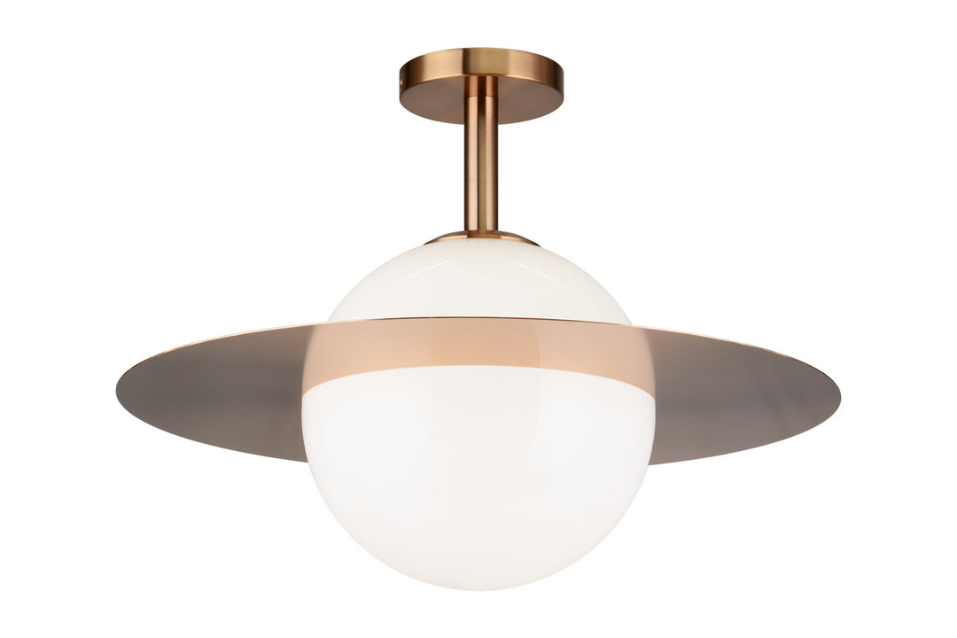 Saturn One Light Flush Mount in Aged Gold Brass + Opal Glass - available from The Lighting Shoppe, trusted by Canadian homeowners