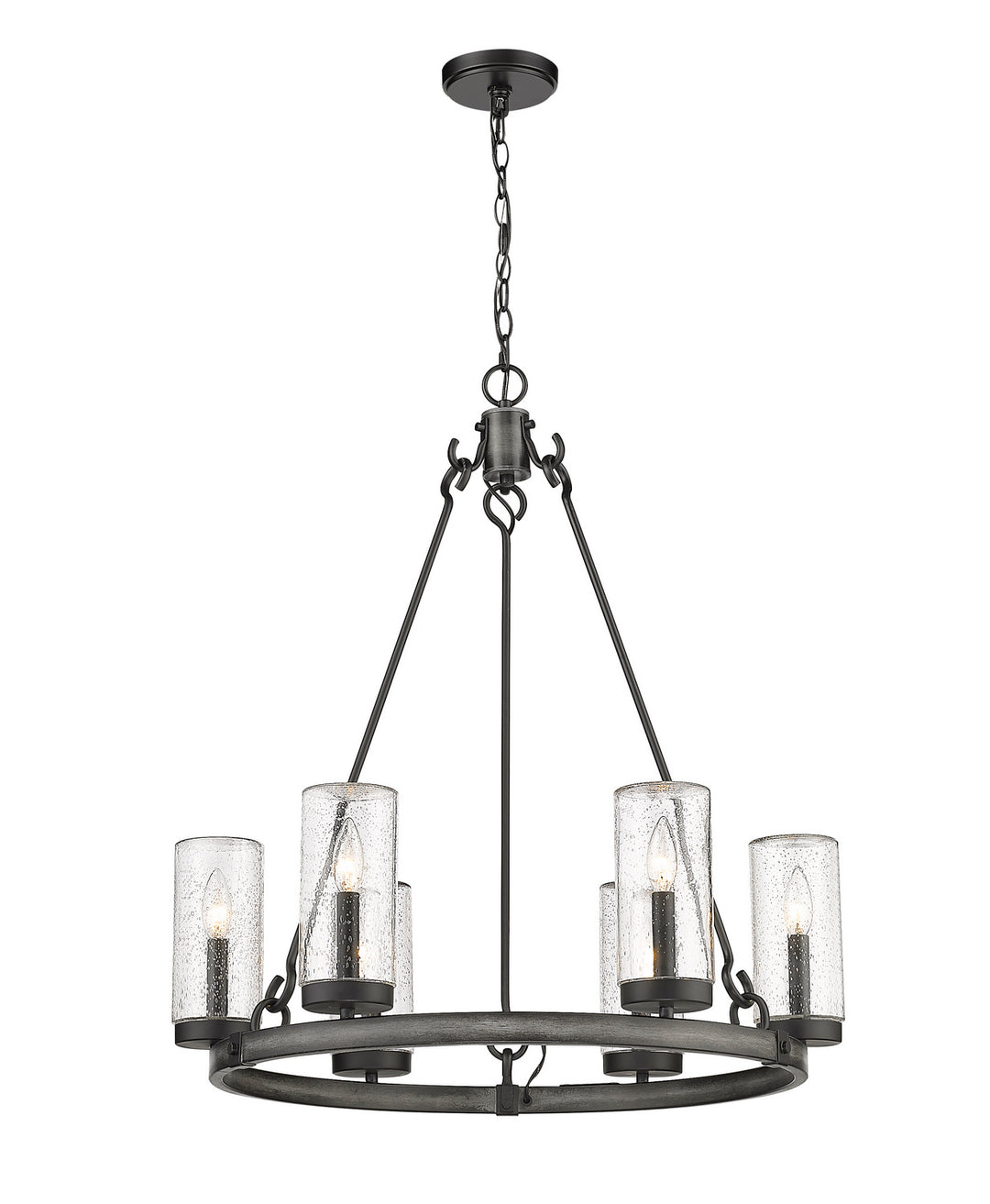Marlow Six Light Outdoor Chandelier in Ashen Barnboard - available from The Lighting Shoppe, trusted by Canadian homeowners