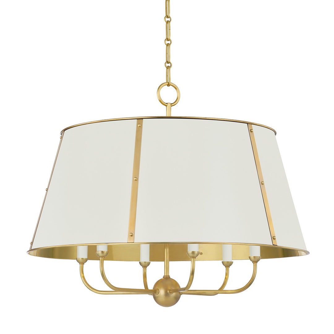 Cambridge Six Light Chandelier in Aged Brass/Off White - available from The Lighting Shoppe, trusted by Canadian homeowners