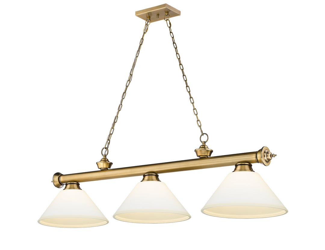 Cordon Three Light Billiard in Rubbed Brass - available from The Lighting Shoppe, trusted by Canadian homeowners