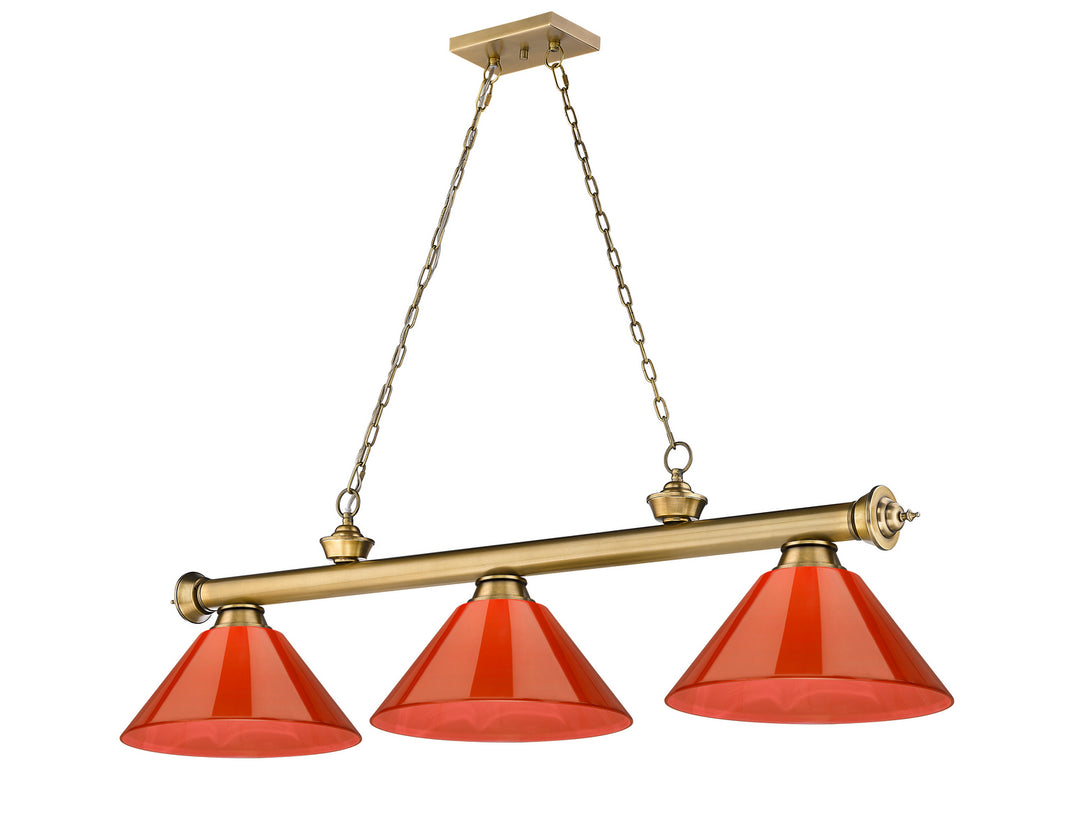 Cordon Three Light Billiard in Rubbed Brass - available from The Lighting Shoppe, trusted by Canadian homeowners