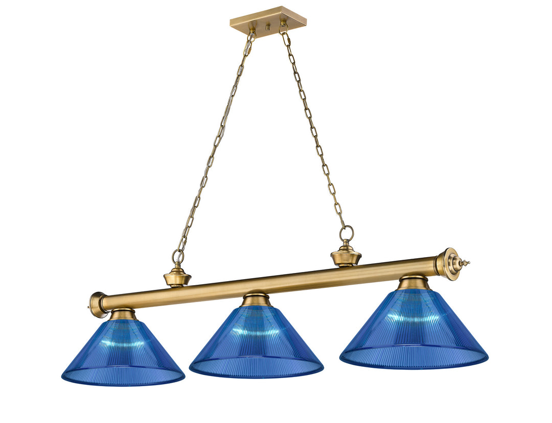Cordon Three Light Billiard in Rubbed Brass - available from The Lighting Shoppe, trusted by Canadian homeowners