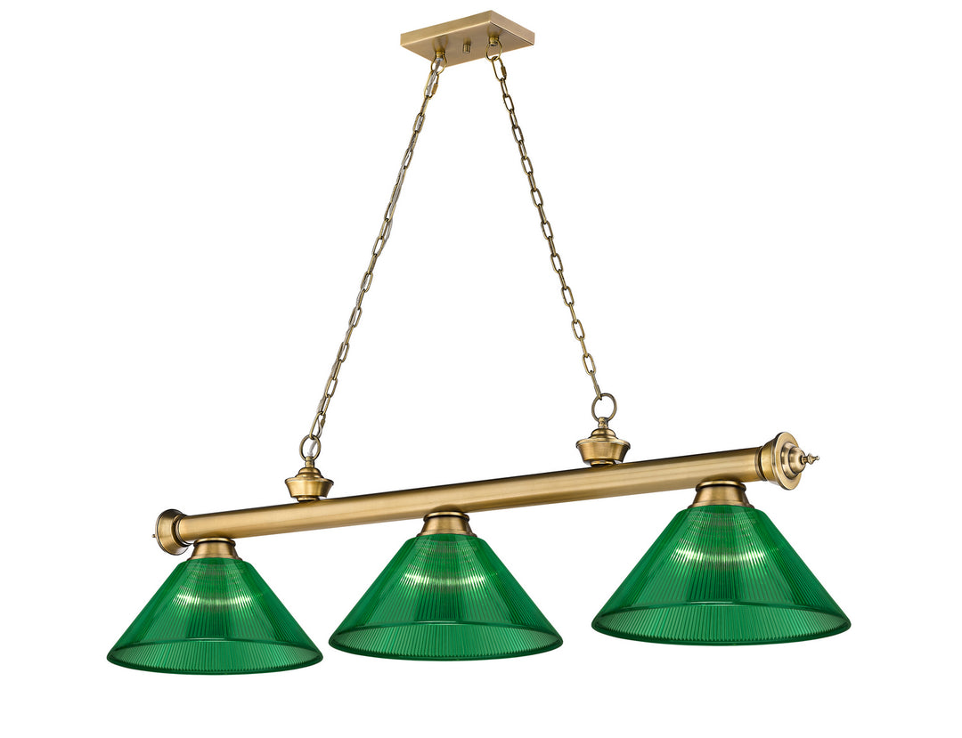 Cordon Three Light Billiard in Rubbed Brass - available from The Lighting Shoppe, trusted by Canadian homeowners