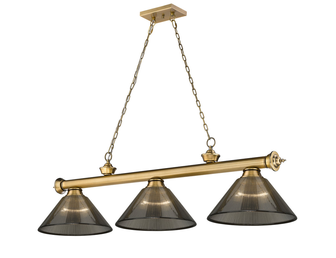 Cordon Three Light Billiard in Rubbed Brass - available from The Lighting Shoppe, trusted by Canadian homeowners