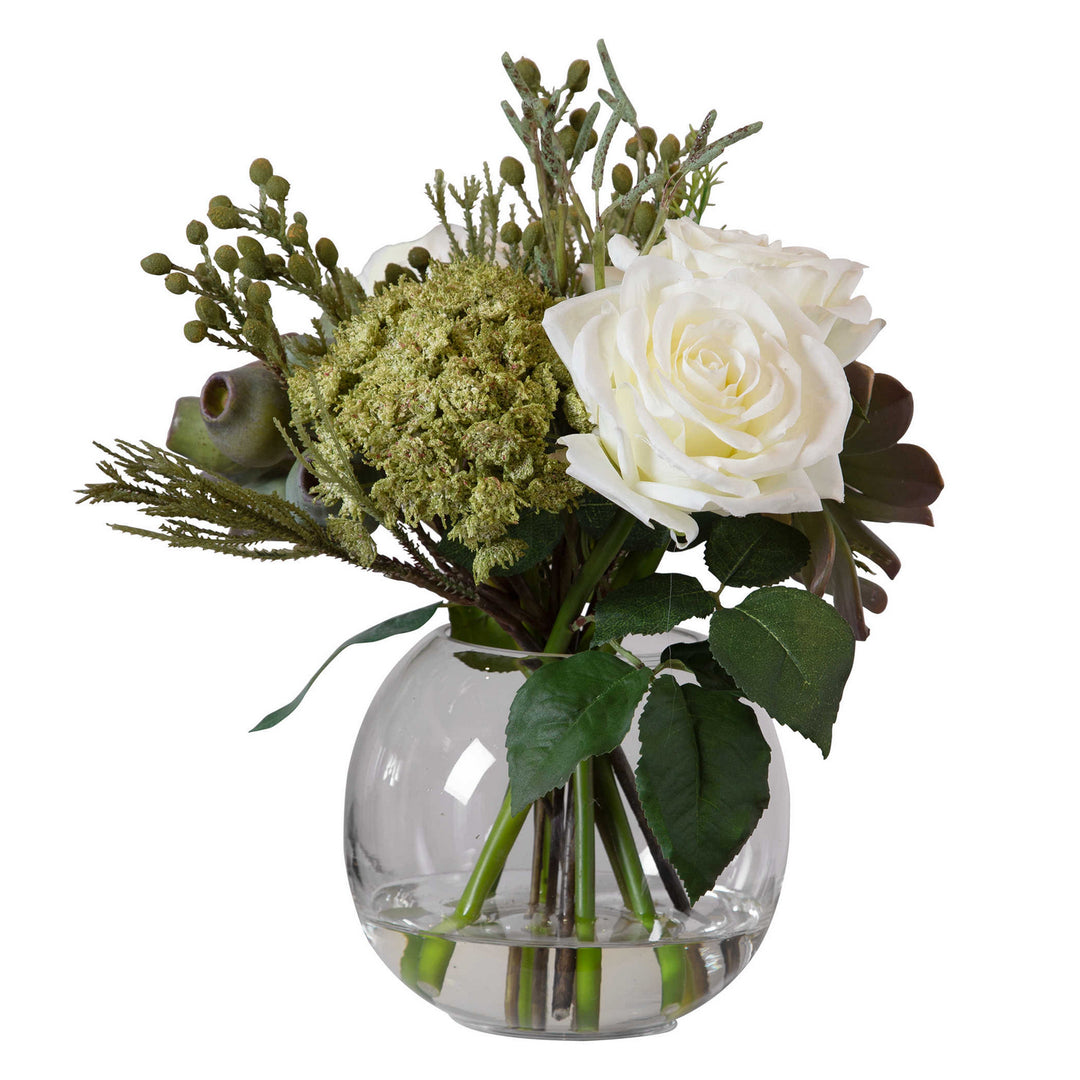 Belmonte Floral Bouquet & Vase in Berries, Greenery, Seed Pods, Succulents And Cream Roses In A Clear - available from The Lighting Shoppe, trusted by Canadian homeowners