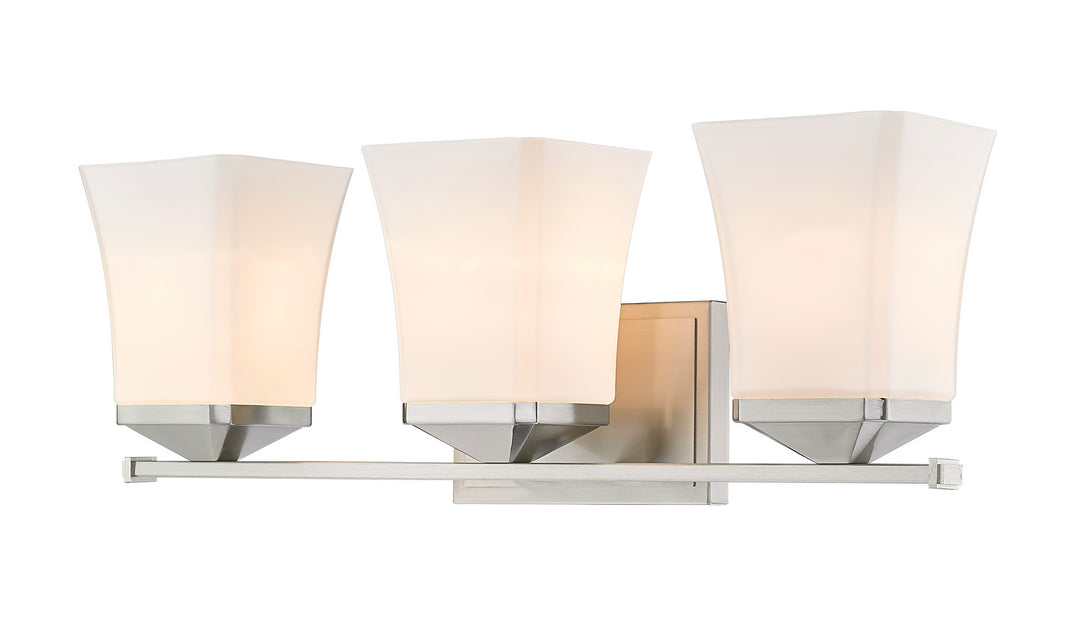 Darcy Three Light Vanity in Brushed Nickel - available from The Lighting Shoppe, trusted by Canadian homeowners