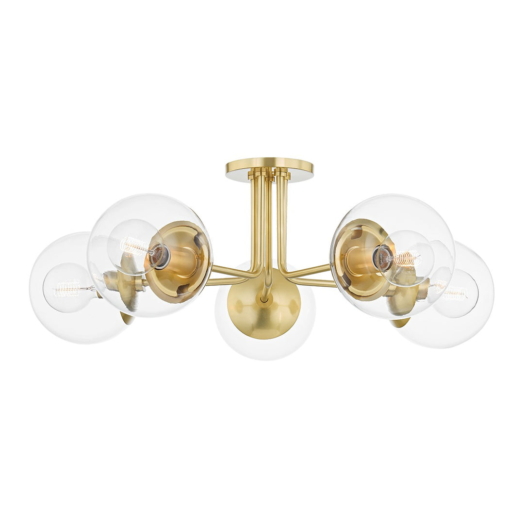 Meadow Five Light Semi Flush Mount in Aged Brass - available from The Lighting Shoppe, trusted by Canadian homeowners