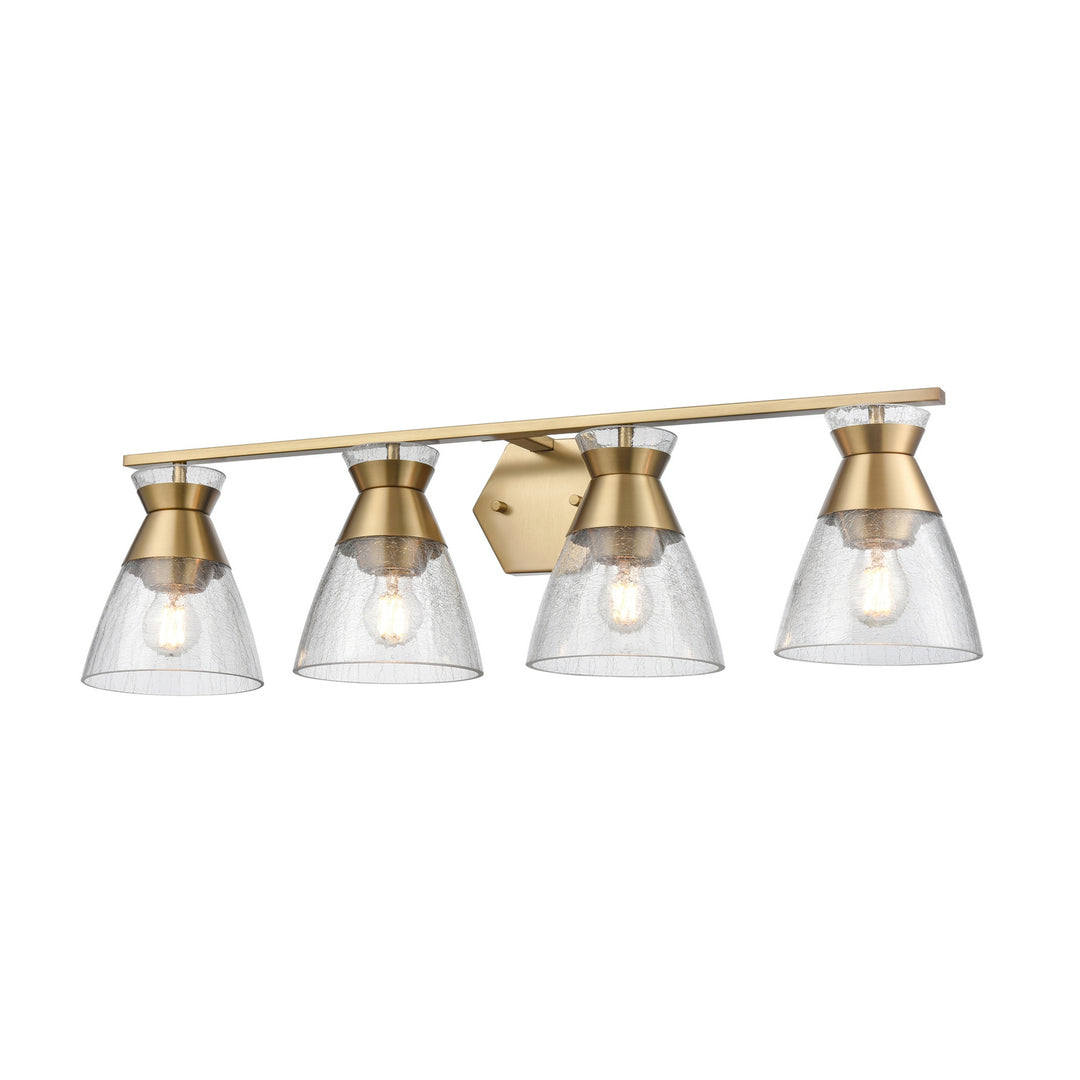 Sunnybrook Four Light Vanity in Brass w/Crackle Glass - available from The Lighting Shoppe, trusted by Canadian homeowners