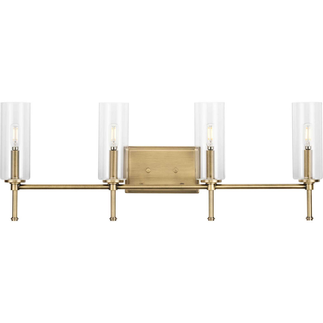 Elara Four Light Bath Vanity in Vintage Brass - available from The Lighting Shoppe, trusted by Canadian homeowners