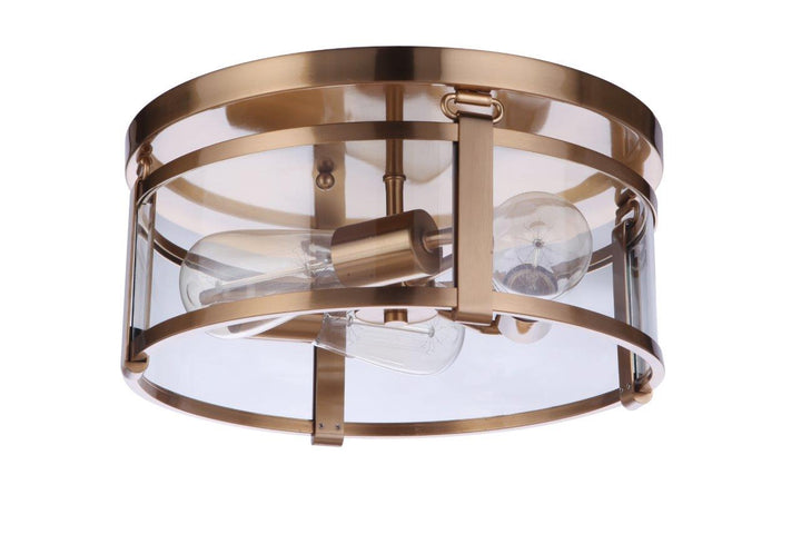 Elliot Three Light Flushmount in Satin Brass - available from The Lighting Shoppe, trusted by Canadian homeowners