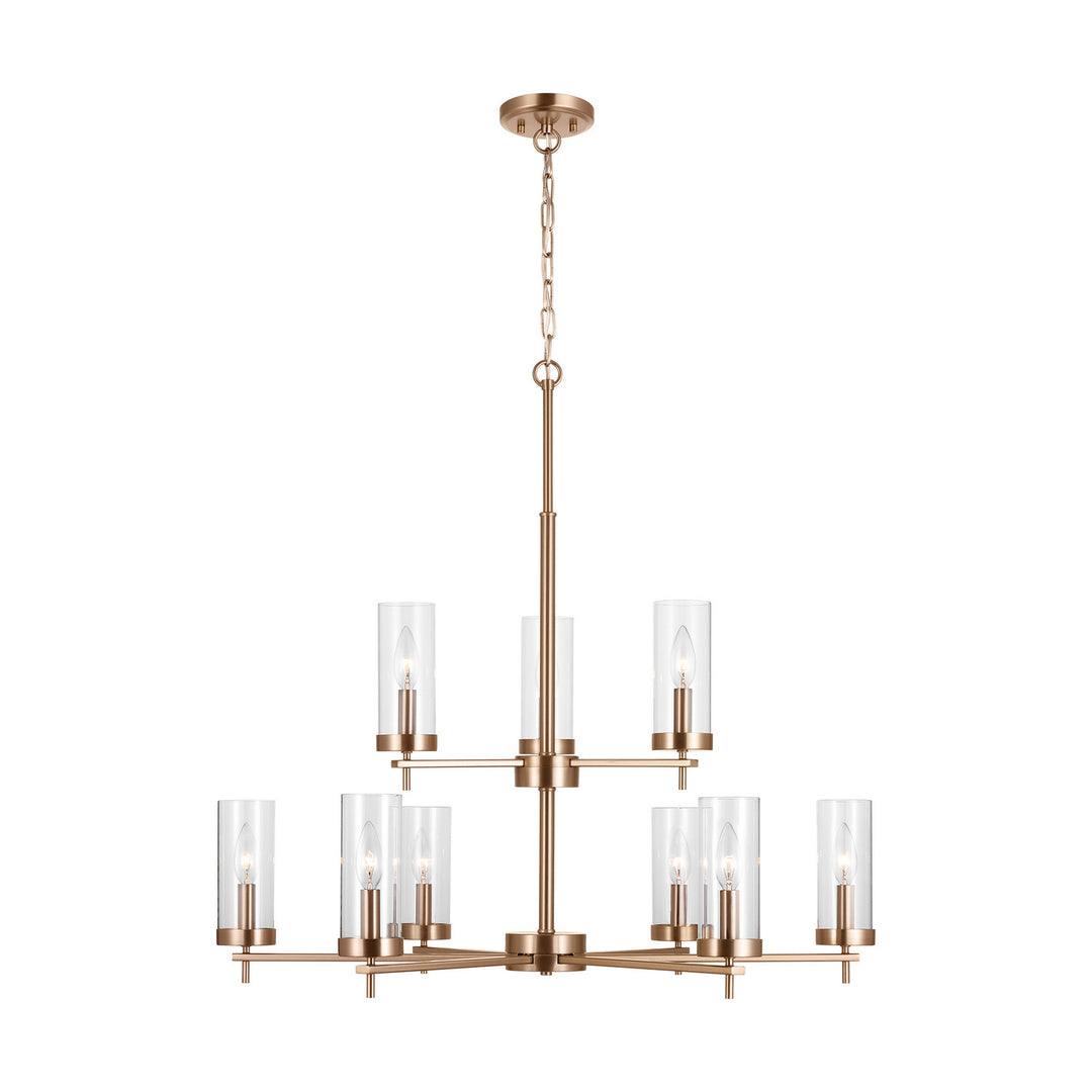 Zire Nine Light Chandelier in Satin Brass - available from The Lighting Shoppe, trusted by Canadian homeowners