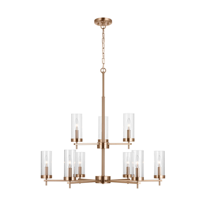 Zire Nine Light Chandelier in Satin Brass - available from The Lighting Shoppe, trusted by Canadian homeowners
