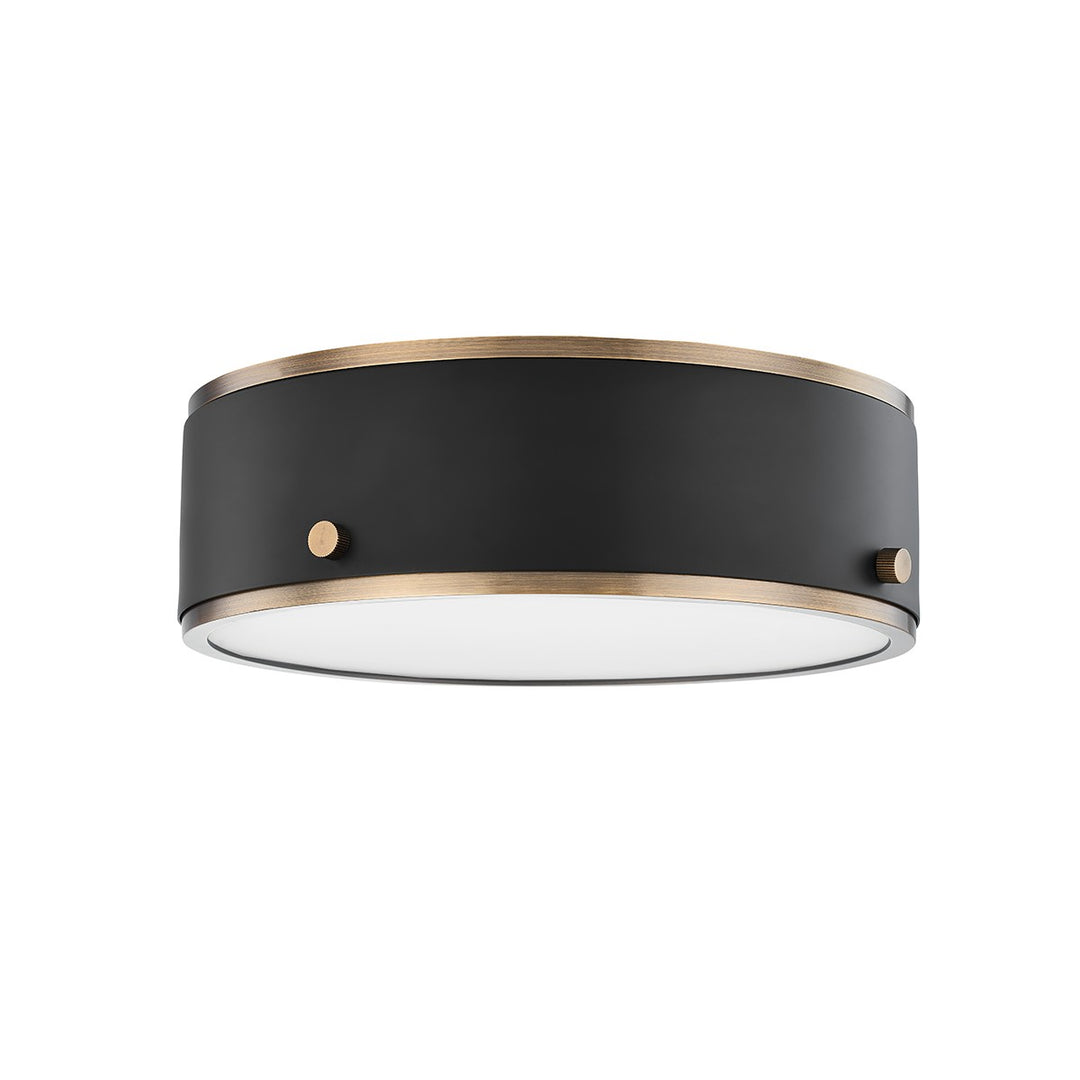 Eli LED Flush Mount in Patina Brass And Soft Off Black - available from The Lighting Shoppe, trusted by Canadian homeowners