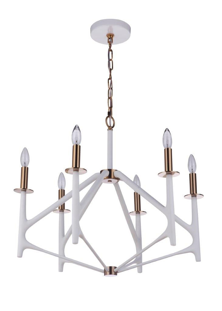 The Reserve Six Light Chandelier in Matte White / Satin Brass - available from The Lighting Shoppe, trusted by Canadian homeowners