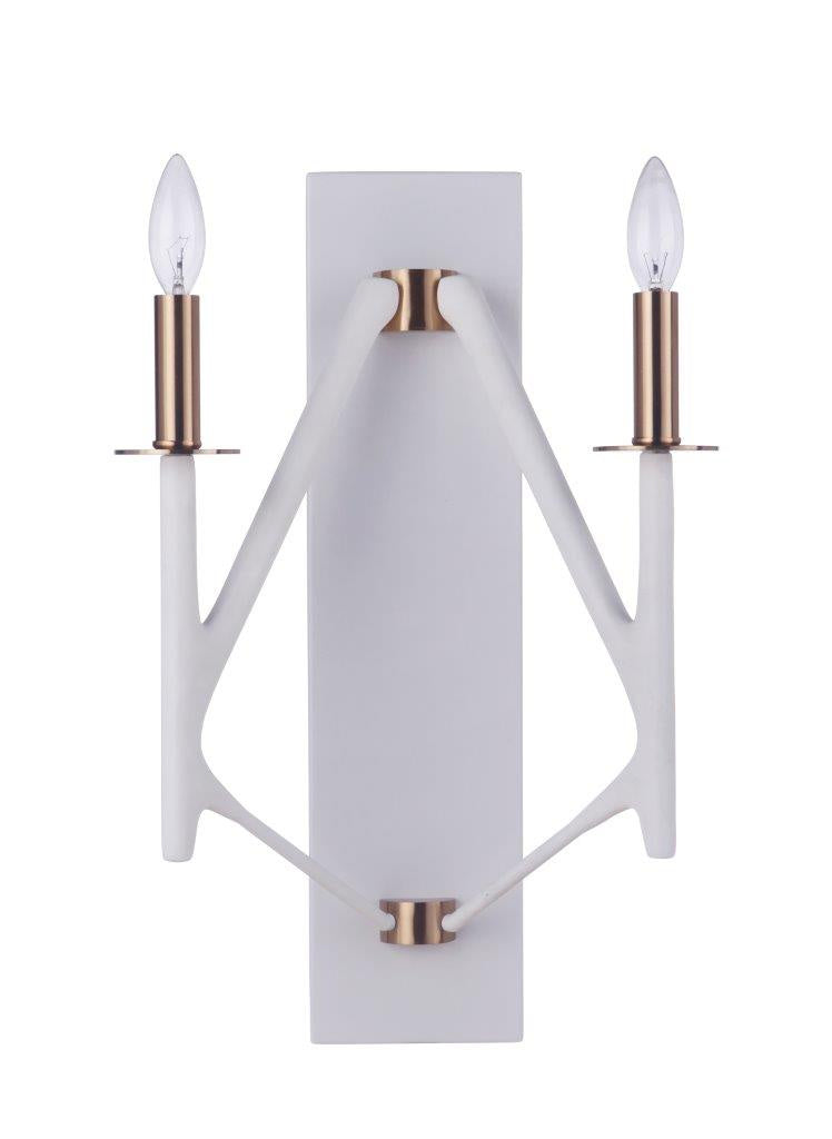 The Reserve Two Light Wall Sconce in Matte White / Satin Brass - available from The Lighting Shoppe, trusted by Canadian homeowners