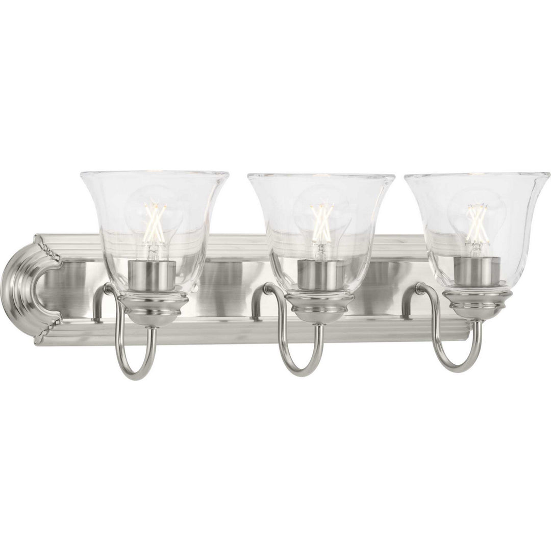 Clear Glass Three Light Bath and Vanity in Brushed Nickel - available from The Lighting Shoppe, trusted by Canadian homeowners