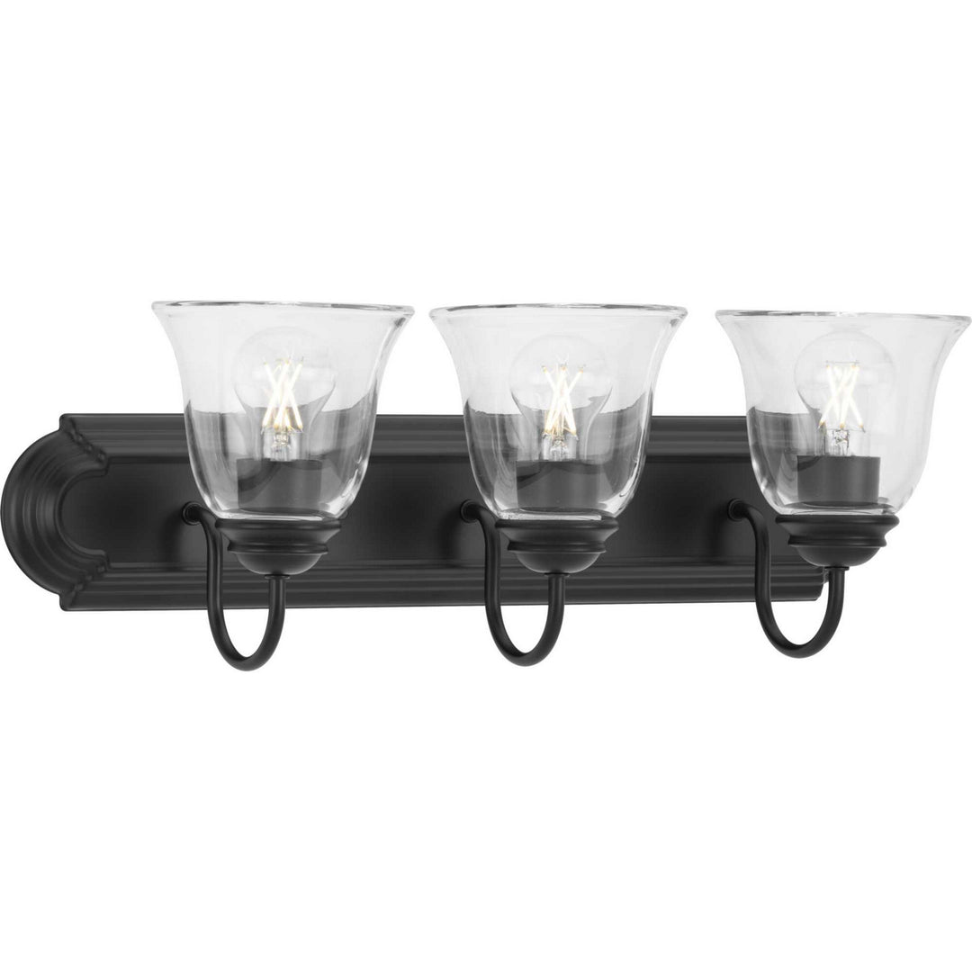 Clear Glass Three Light Bath and Vanity in Matte Black - available from The Lighting Shoppe, trusted by Canadian homeowners