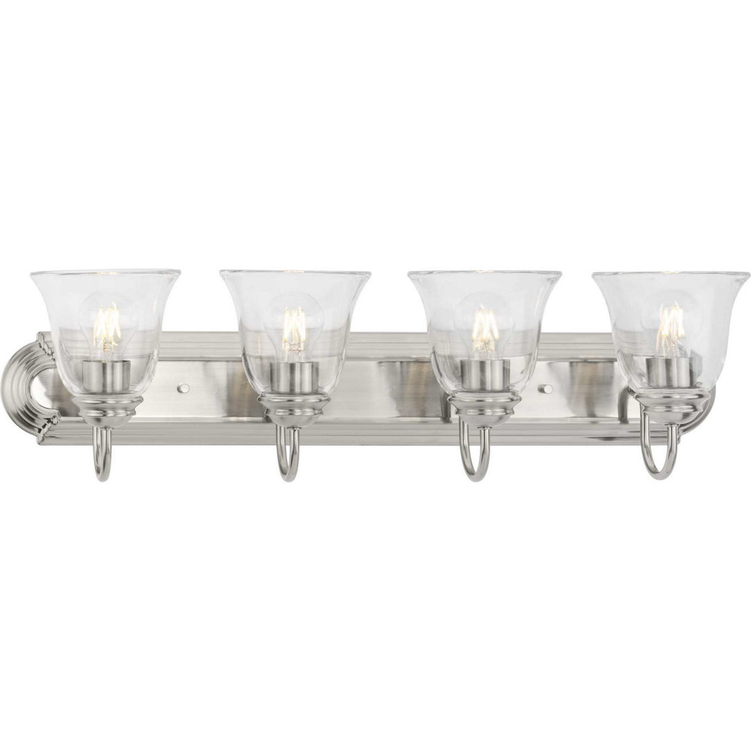 Clear Glass Four Light Bath and Vanity in Brushed Nickel - available from The Lighting Shoppe, trusted by Canadian homeowners